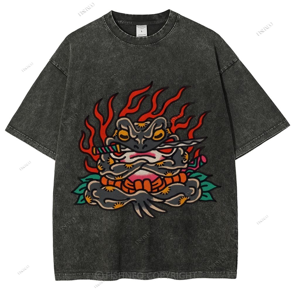 Unisex Japanese Frog Samurai Printed Washed Tee