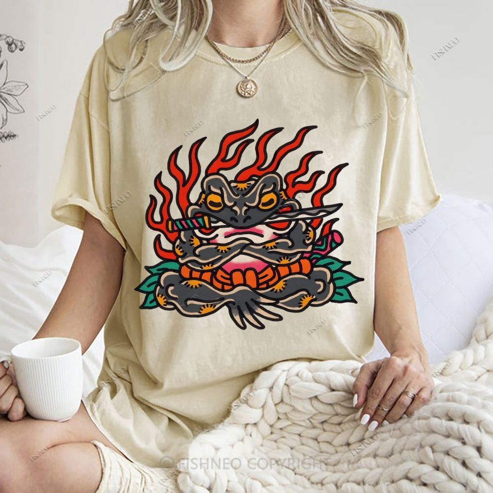 Unisex Japanese Frog Samurai Printed Washed Tee