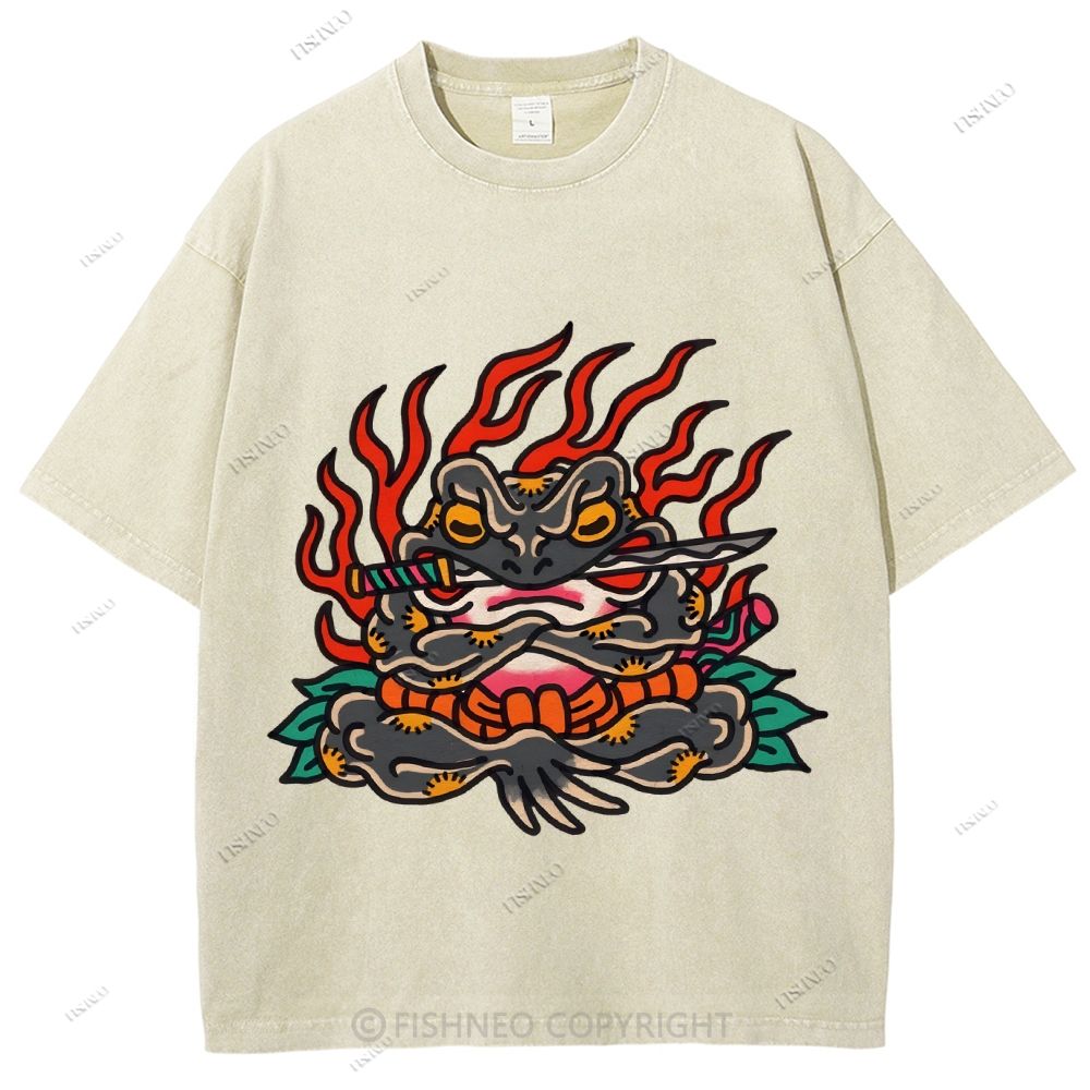 Unisex Japanese Frog Samurai Printed Washed Tee