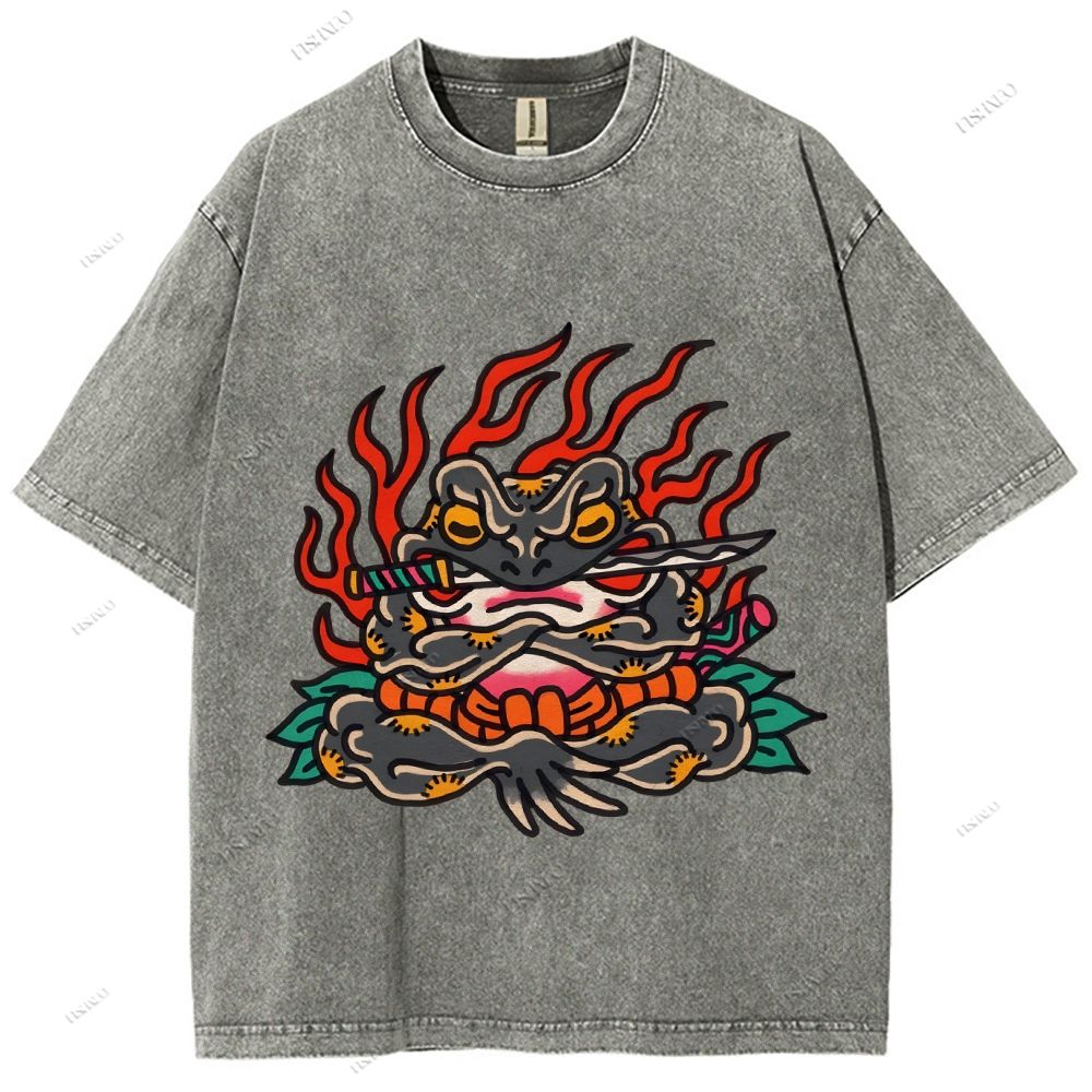 Unisex Japanese Frog Samurai Printed Washed Tee