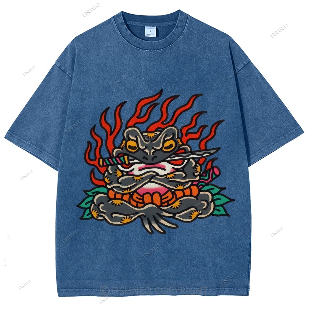 Unisex Japanese Frog Samurai Printed Washed Tee