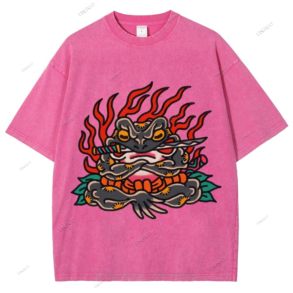 Unisex Japanese Frog Samurai Printed Washed Tee