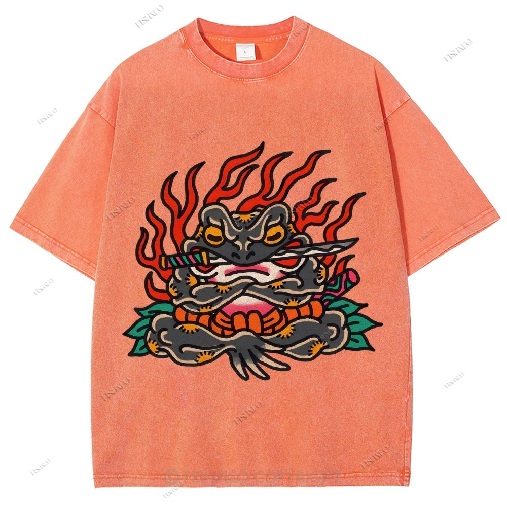 Unisex Japanese Frog Samurai Printed Washed Tee