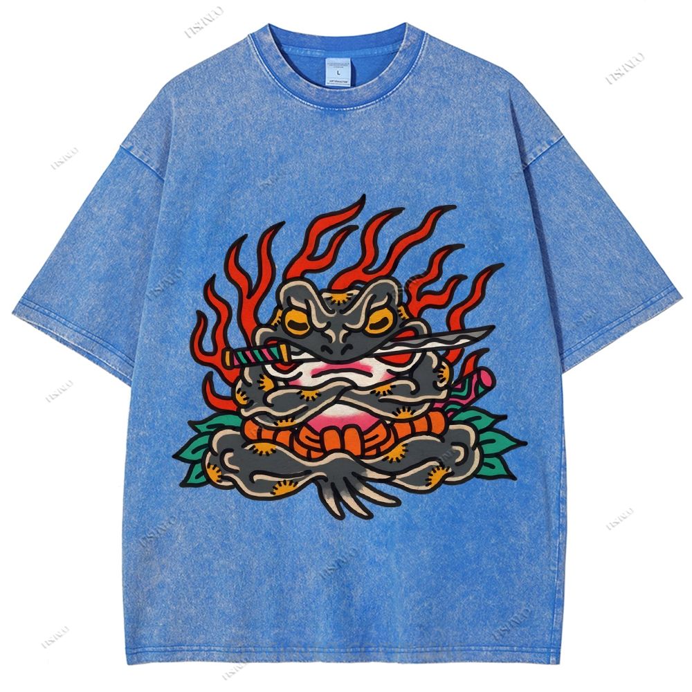 Unisex Japanese Frog Samurai Printed Washed Tee