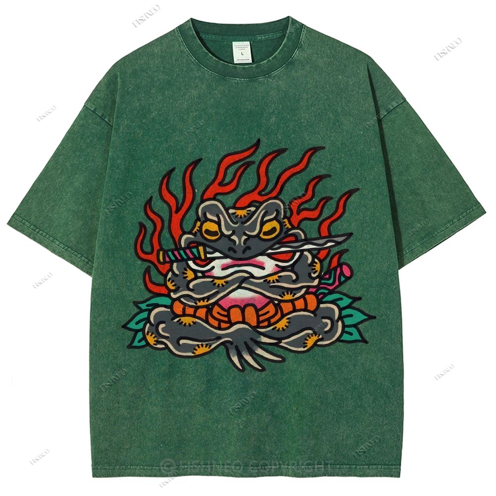 Unisex Japanese Frog Samurai Printed Washed Tee