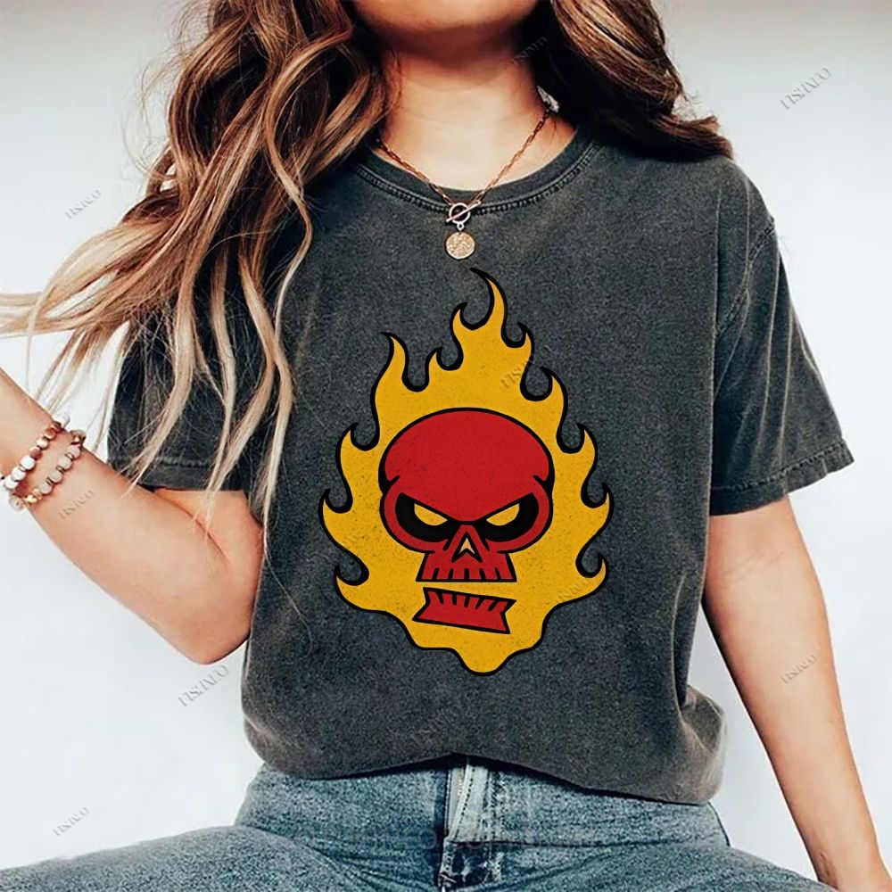 Unisex Vintage Red Skull Printed Washed Tee