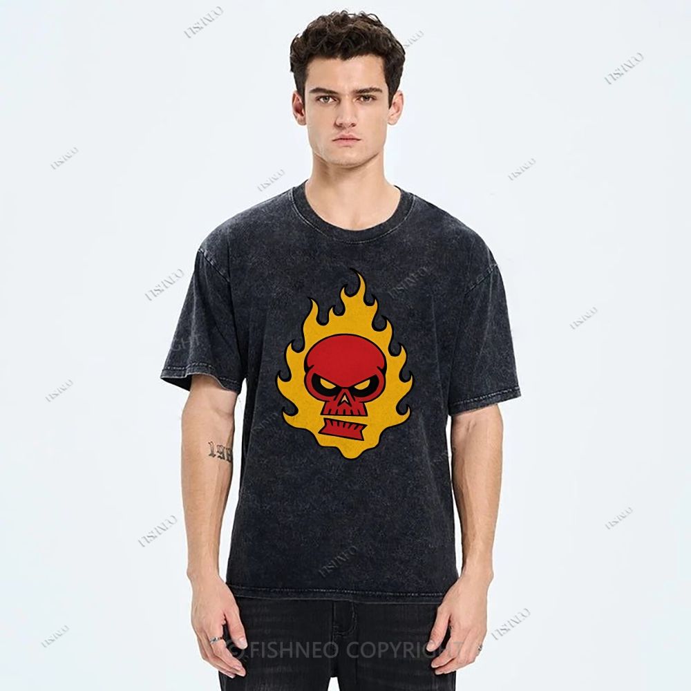 Unisex Vintage Red Skull Printed Washed Tee