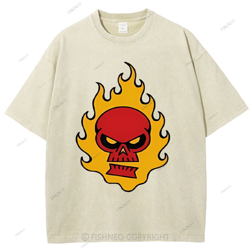 Unisex Vintage Red Skull Printed Washed Tee