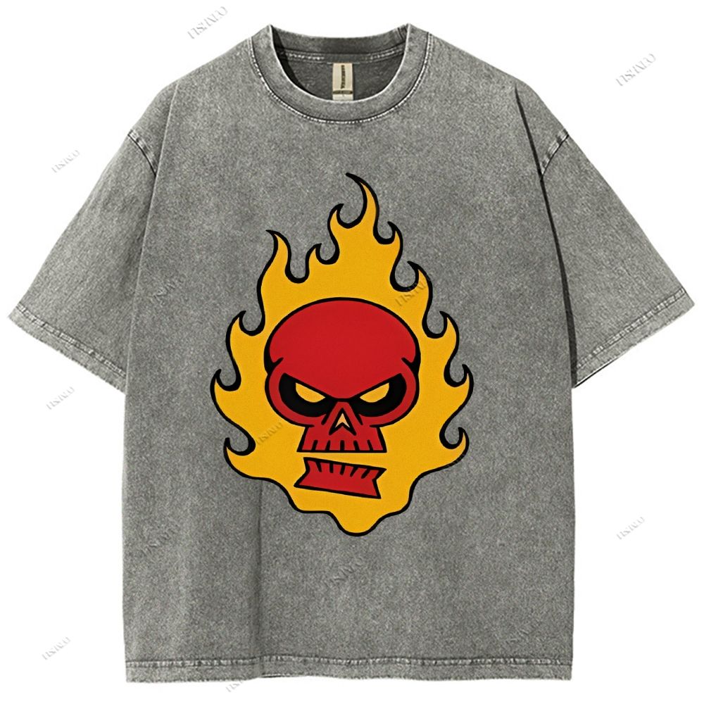 Unisex Vintage Red Skull Printed Washed Tee