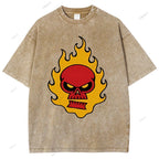 Unisex Vintage Red Skull Printed Washed Tee