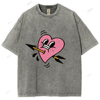 Unisex Pink Heart With Arrow Printed Washed Tee