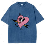 Unisex Pink Heart With Arrow Printed Washed Tee