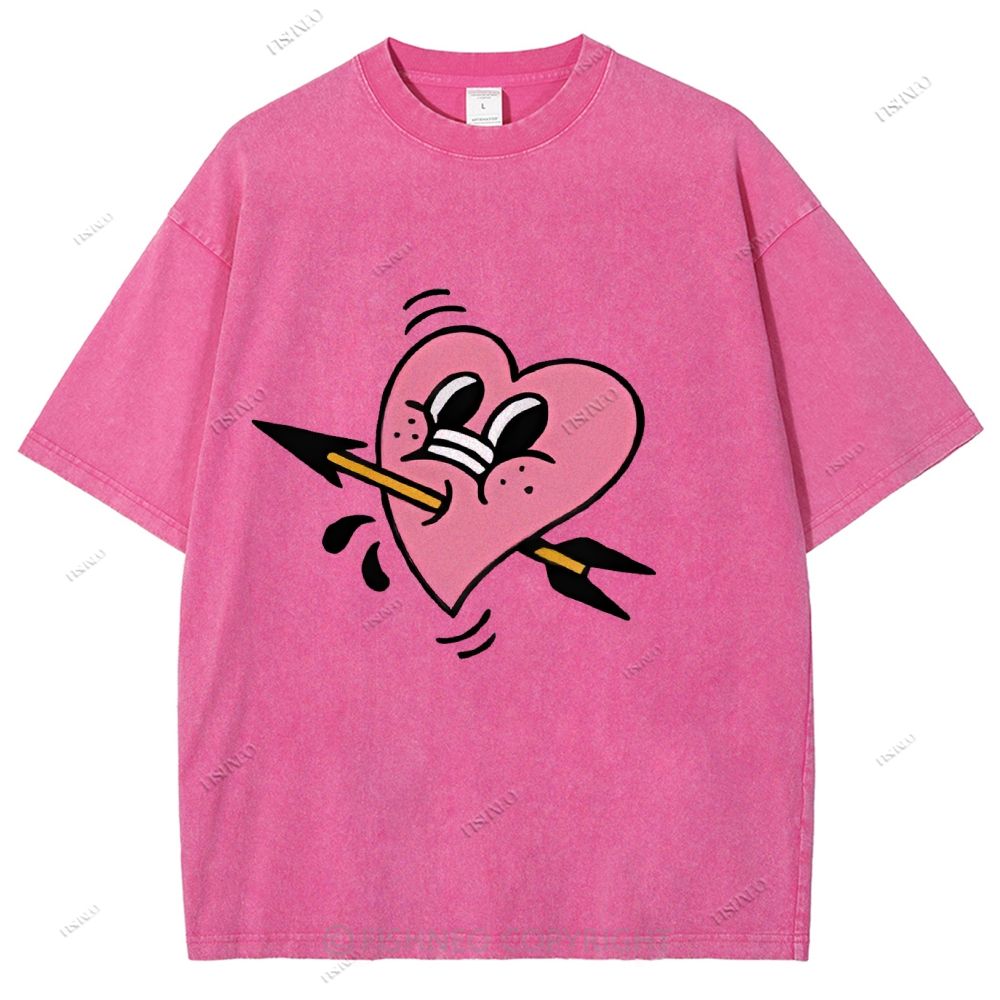 Unisex Pink Heart With Arrow Printed Washed Tee