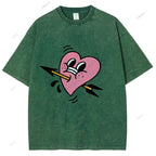 Unisex Pink Heart With Arrow Printed Washed Tee