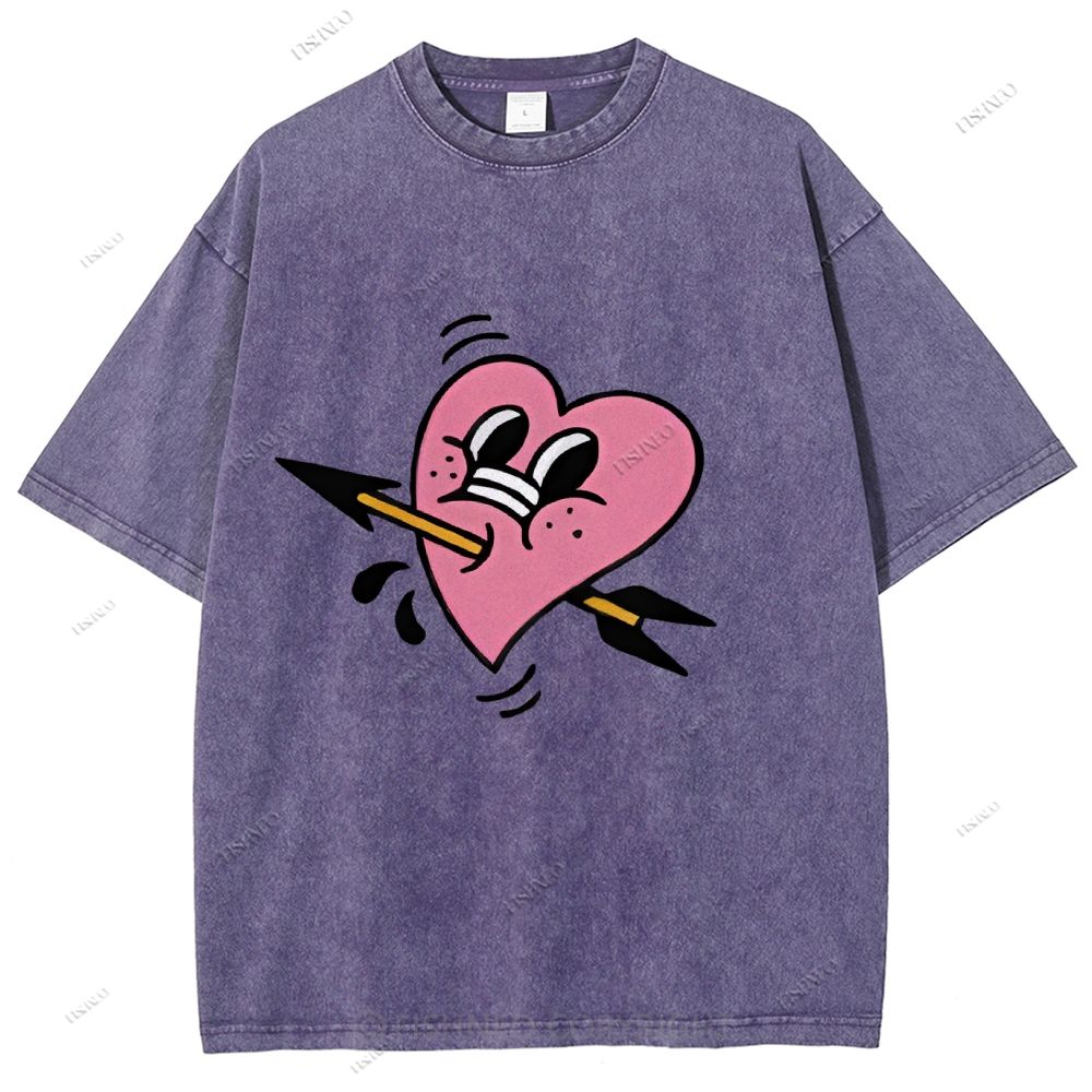 Unisex Pink Heart With Arrow Printed Washed Tee
