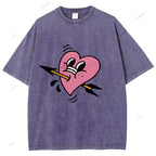 Unisex Pink Heart With Arrow Printed Washed Tee