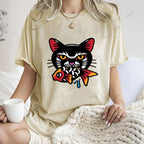 Unisex Vintage Cat Eat Fish Printed Washed Tee