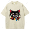 Unisex Vintage Cat Eat Fish Printed Washed Tee