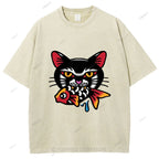 Unisex Vintage Cat Eat Fish Printed Washed Tee
