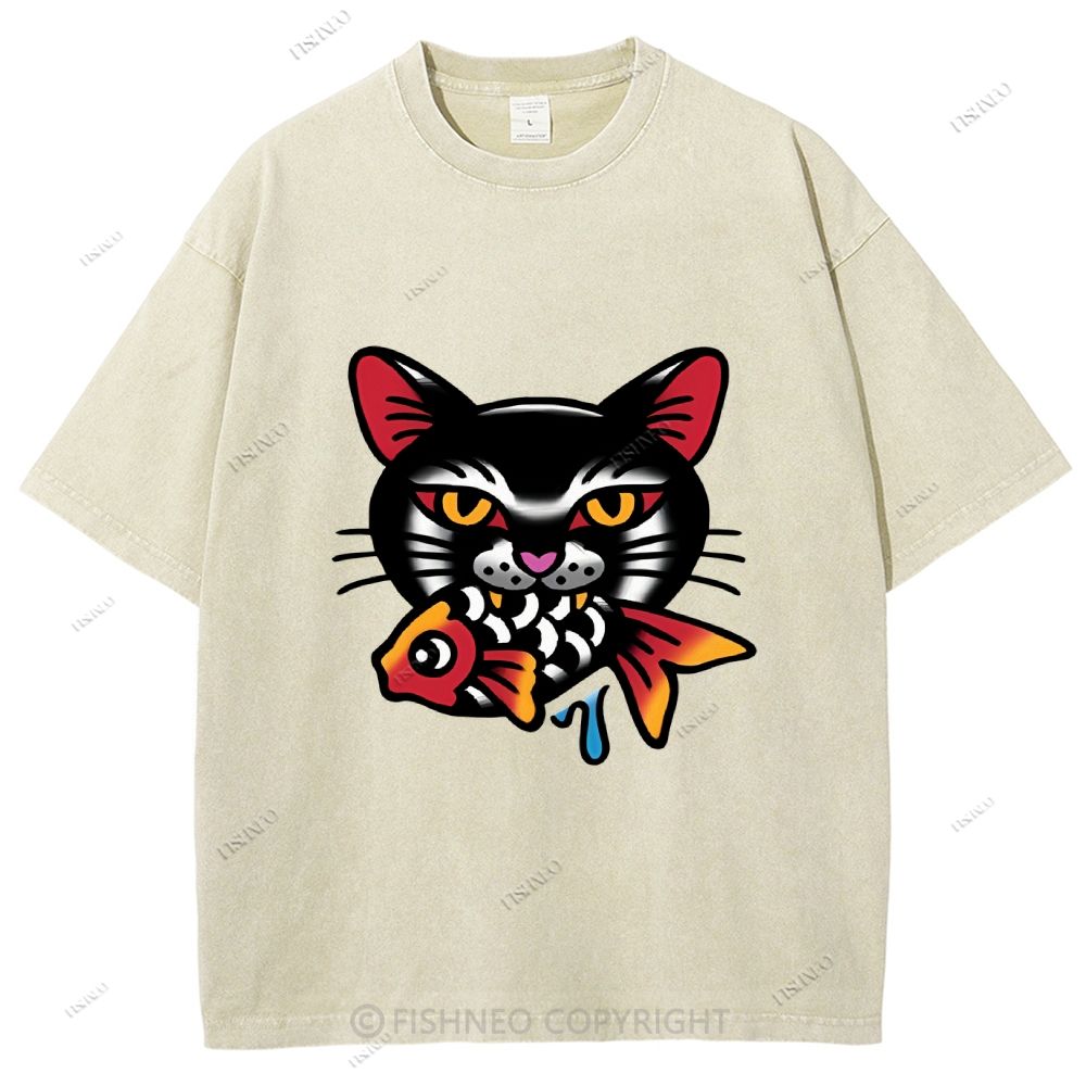 Unisex Vintage Cat Eat Fish Printed Washed Tee