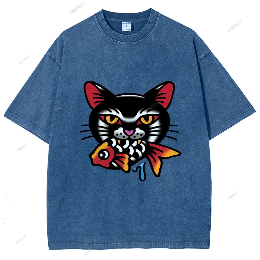 Unisex Vintage Cat Eat Fish Printed Washed Tee