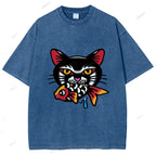 Unisex Vintage Cat Eat Fish Printed Washed Tee