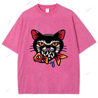 Unisex Vintage Cat Eat Fish Printed Washed Tee