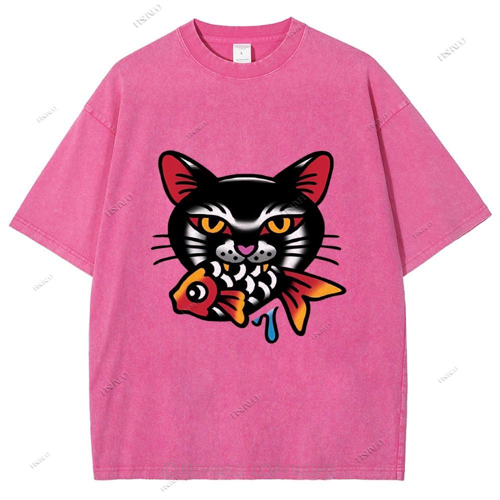 Unisex Vintage Cat Eat Fish Printed Washed Tee