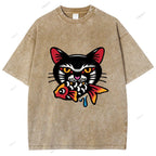 Unisex Vintage Cat Eat Fish Printed Washed Tee