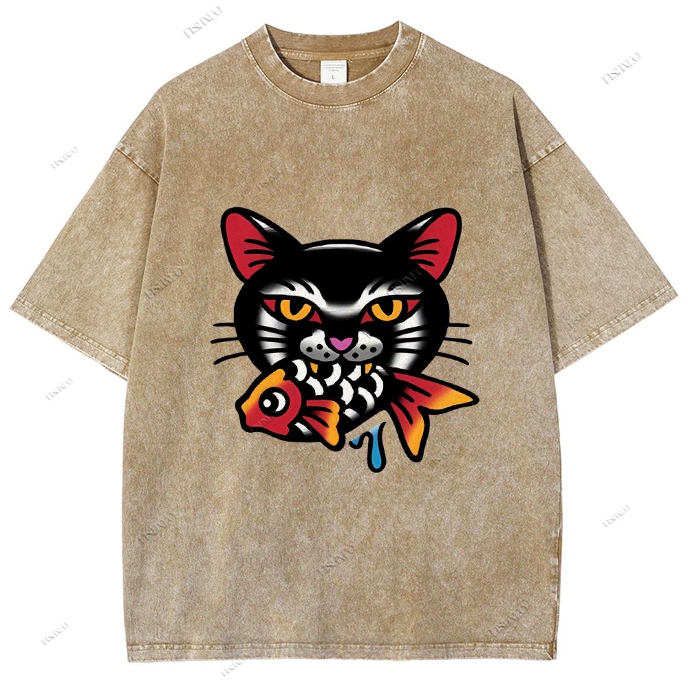 Unisex Vintage Cat Eat Fish Printed Washed Tee