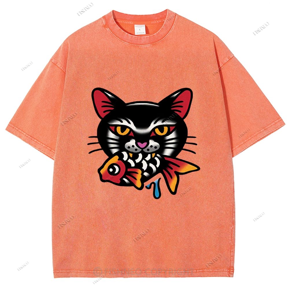 Unisex Vintage Cat Eat Fish Printed Washed Tee