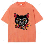 Unisex Vintage Cat Eat Fish Printed Washed Tee