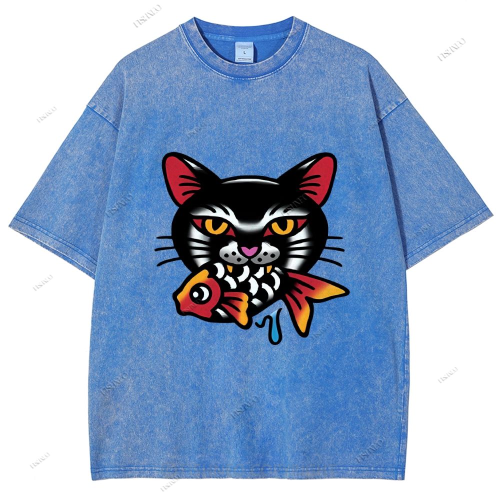 Unisex Vintage Cat Eat Fish Printed Washed Tee