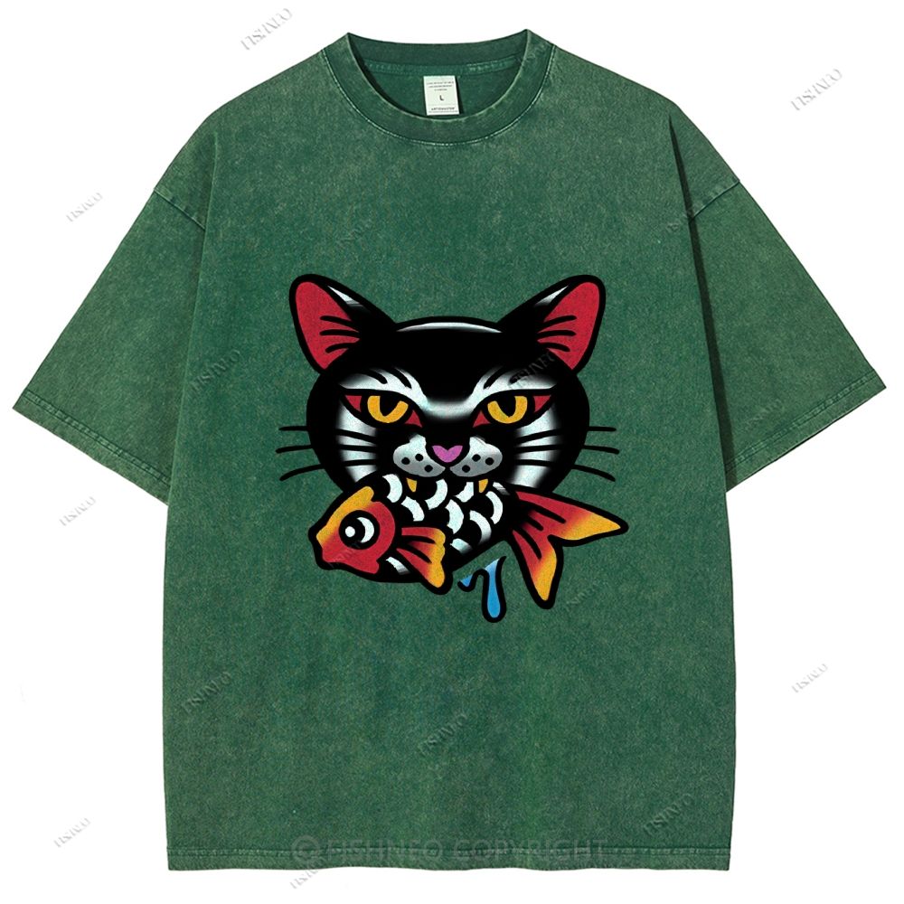 Unisex Vintage Cat Eat Fish Printed Washed Tee