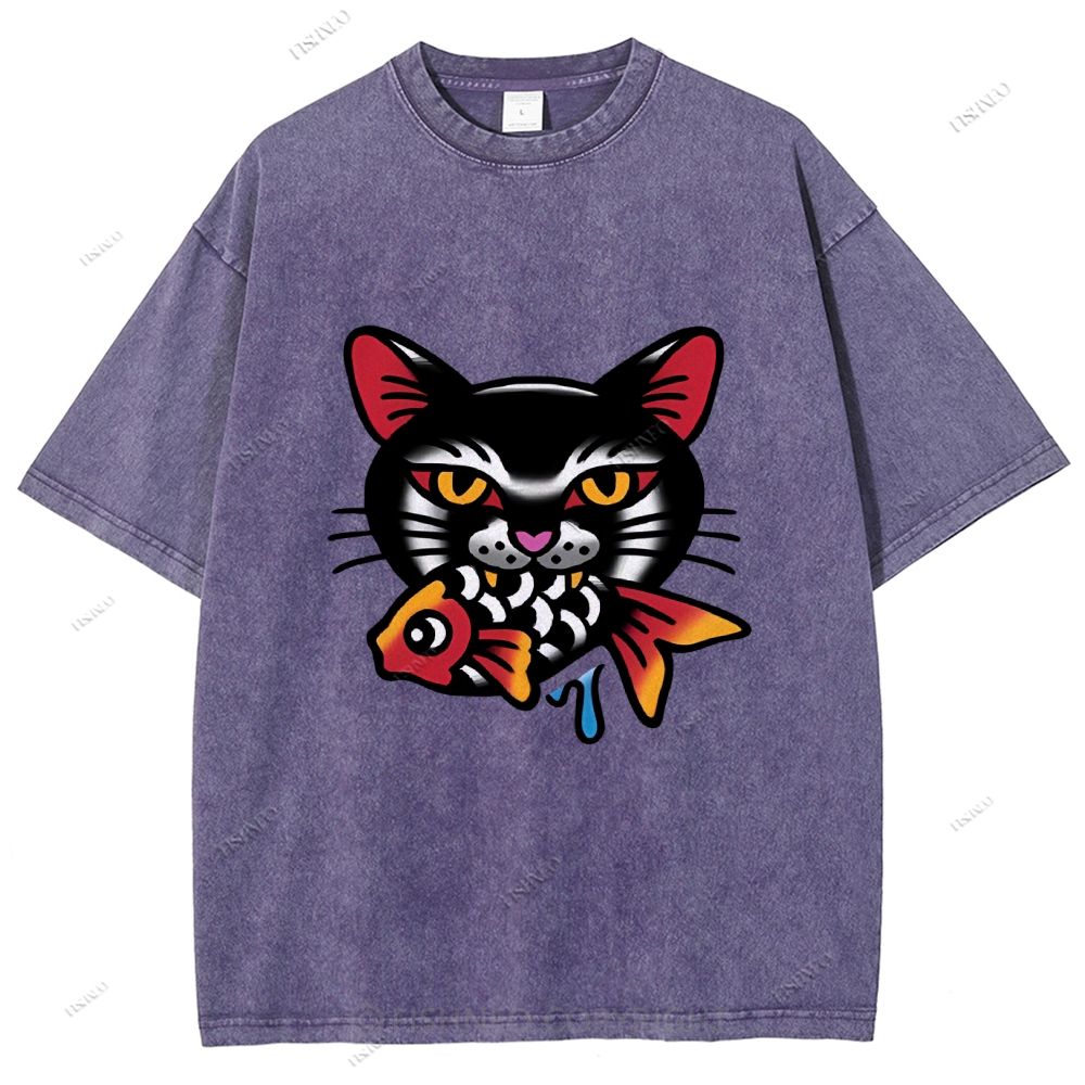 Unisex Vintage Cat Eat Fish Printed Washed Tee
