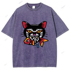 Unisex Vintage Cat Eat Fish Printed Washed Tee