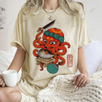Unisex Octopus Cooking Blowfish Printed Washed Tee