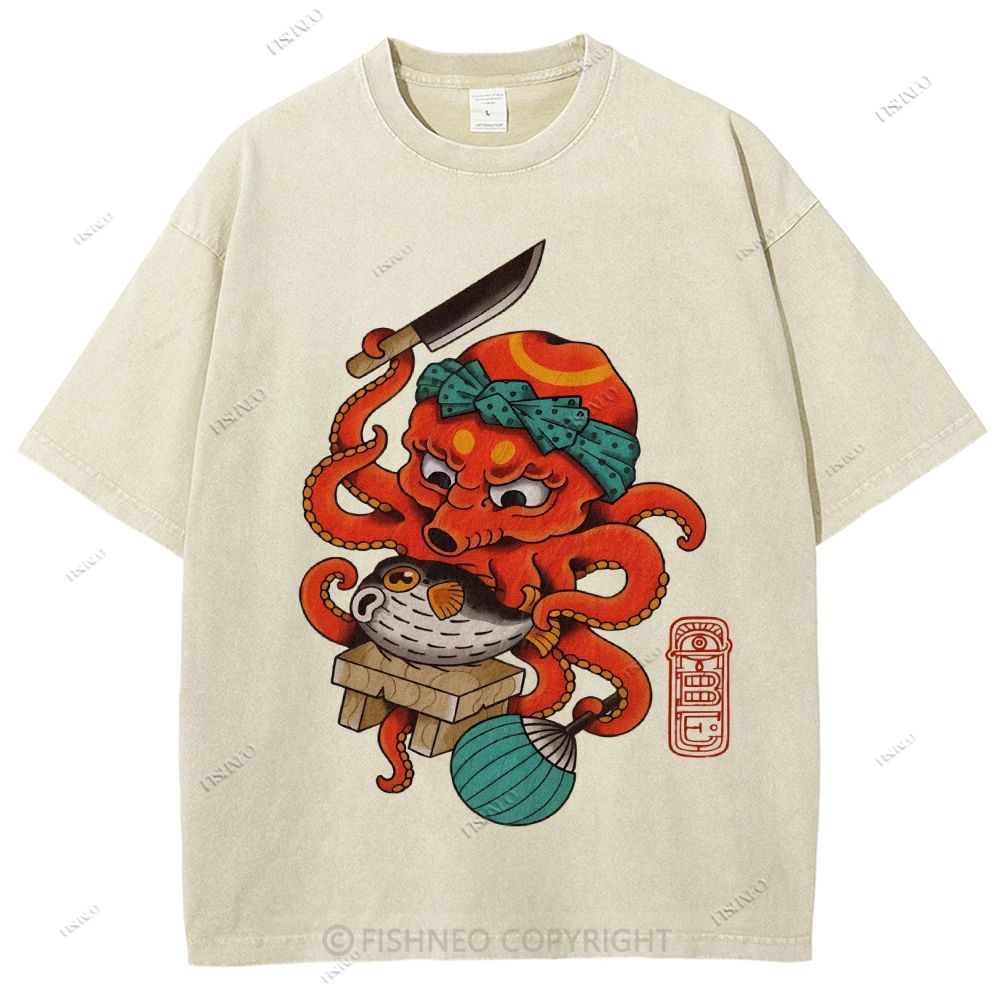 Unisex Octopus Cooking Blowfish Printed Washed Tee