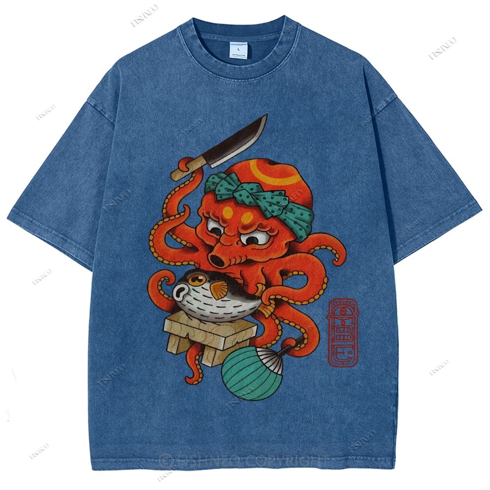 Unisex Octopus Cooking Blowfish Printed Washed Tee