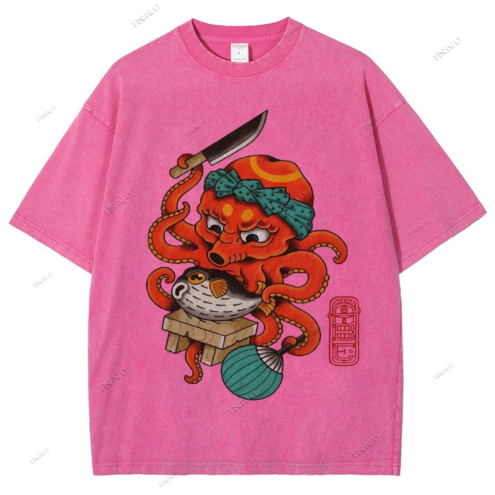 Unisex Octopus Cooking Blowfish Printed Washed Tee