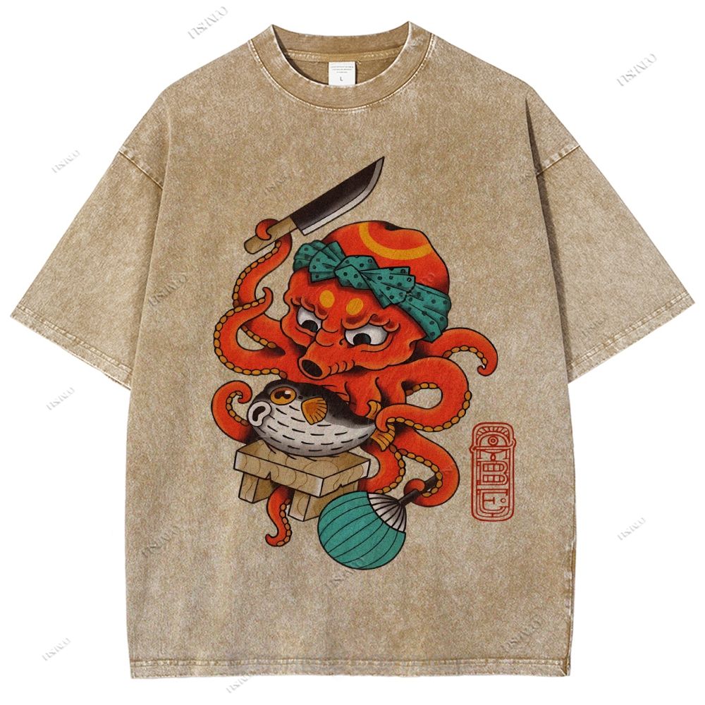 Unisex Octopus Cooking Blowfish Printed Washed Tee