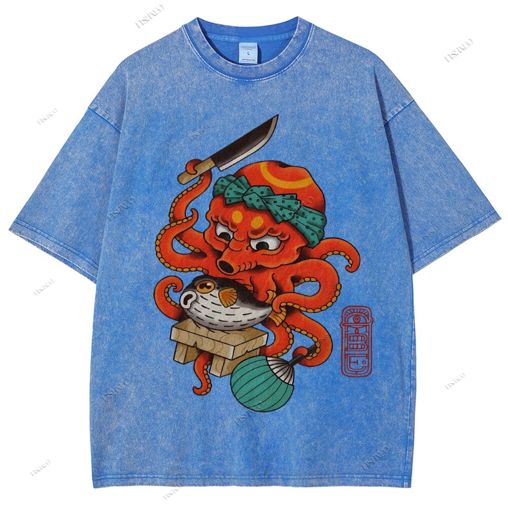 Unisex Octopus Cooking Blowfish Printed Washed Tee