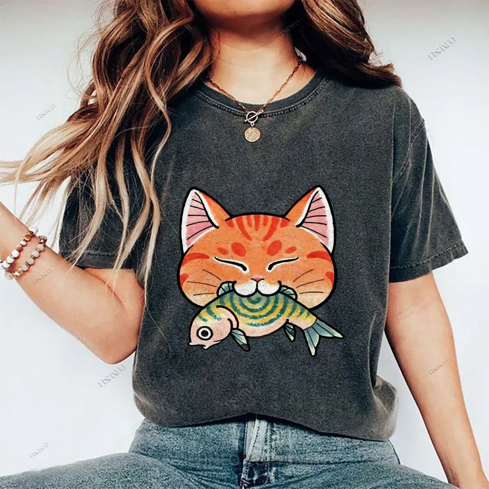 Unisex Vintage Cat Eat Fish Printed Washed Tee