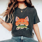 Unisex Vintage Cat Eat Fish Printed Washed Tee