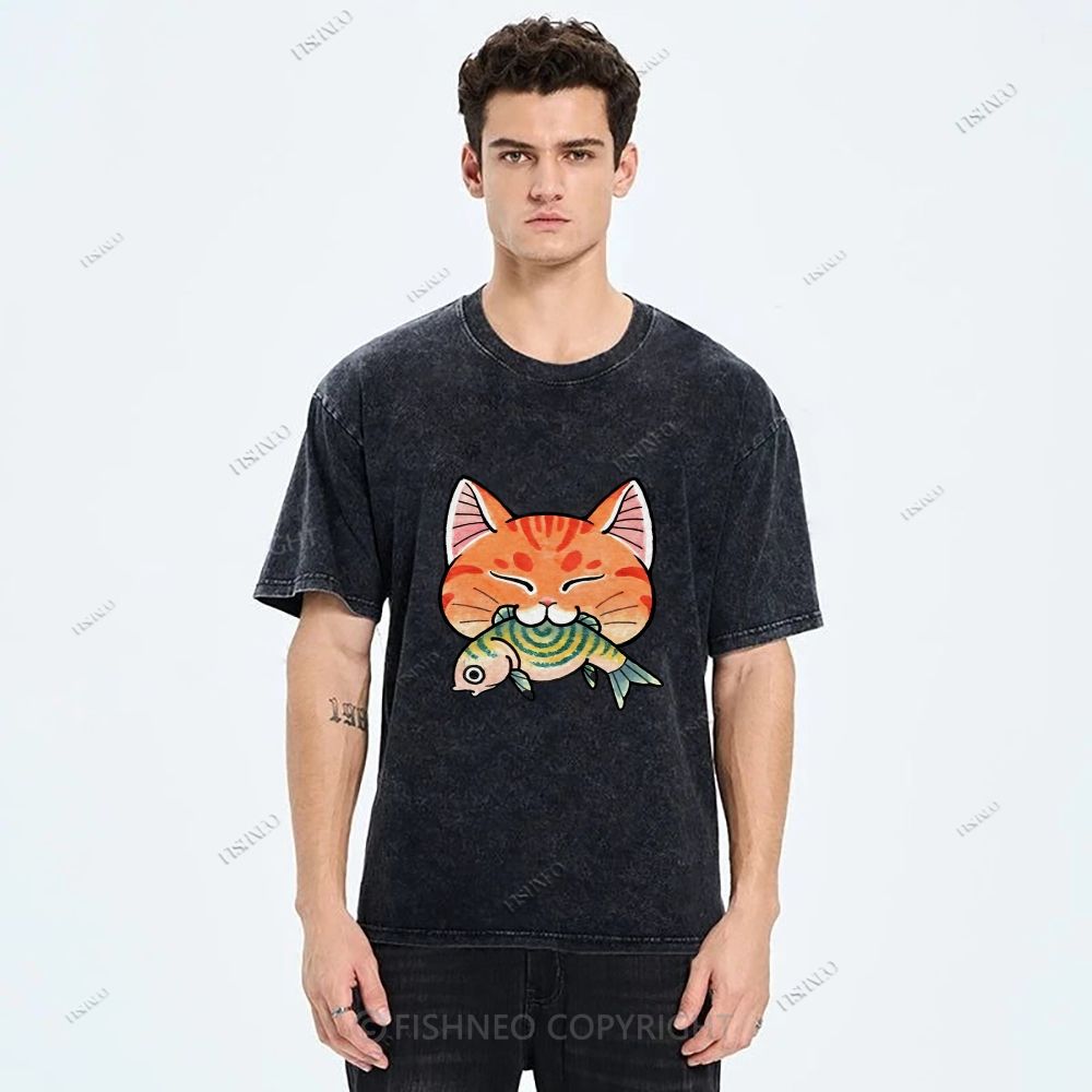 Unisex Vintage Cat Eat Fish Printed Washed Tee