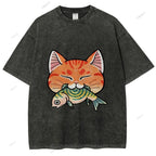 Unisex Vintage Cat Eat Fish Printed Washed Tee