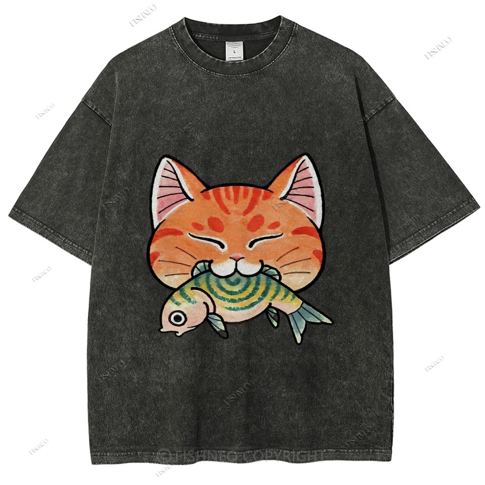 Unisex Vintage Cat Eat Fish Printed Washed Tee
