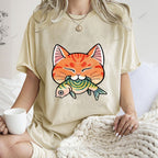 Unisex Vintage Cat Eat Fish Printed Washed Tee