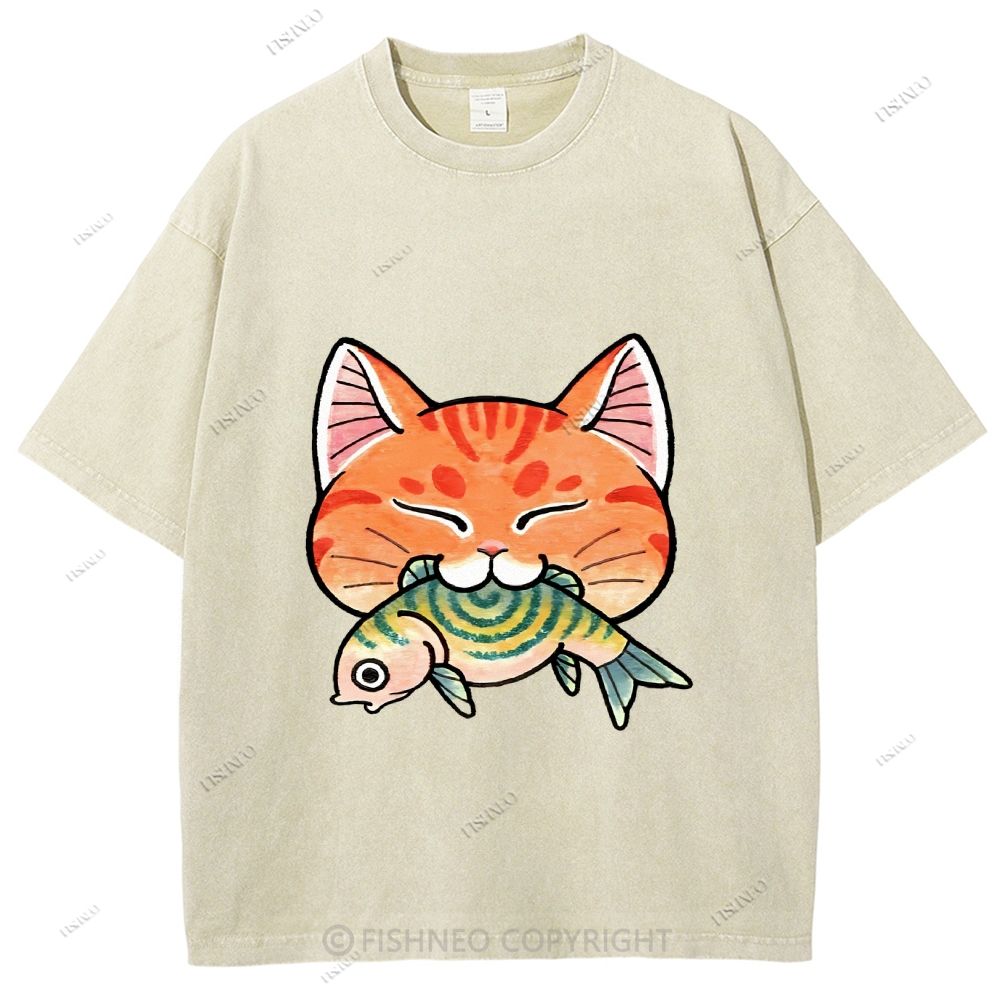 Unisex Vintage Cat Eat Fish Printed Washed Tee