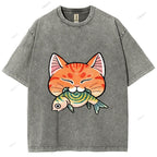 Unisex Vintage Cat Eat Fish Printed Washed Tee